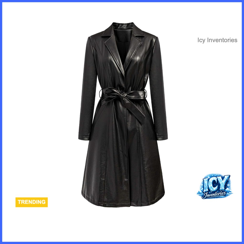 Faux Pu Leather Trench Coat With Belt Long Sleeve Motorcycle Style